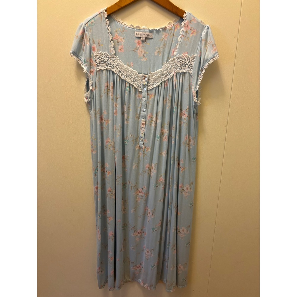 Eileen West Floral Lace Trim Modal Nightgown Blue Pink Large E5020172